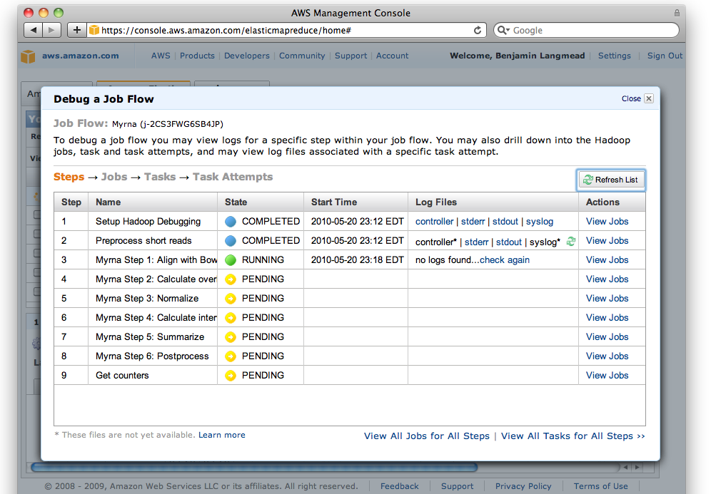 Screen shot of AWS console debug interface