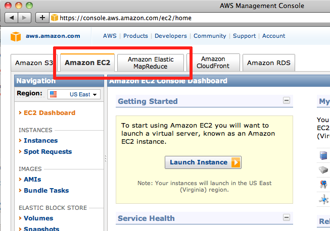 Screen shot of AWS console tabs